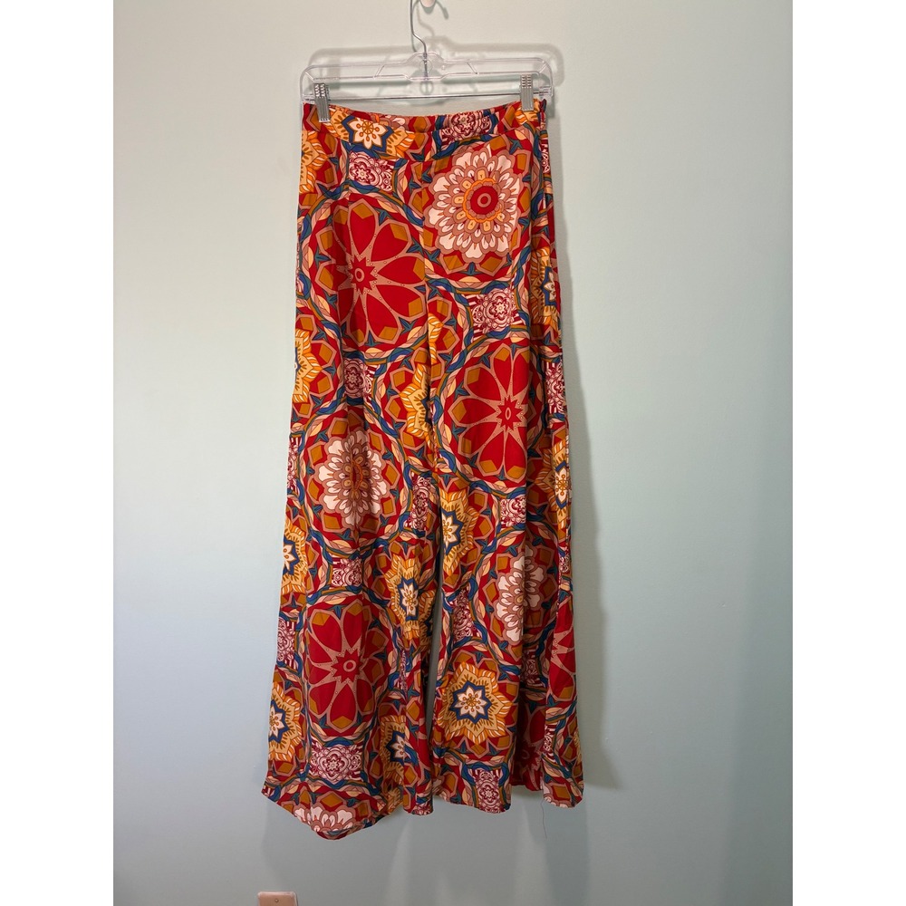 Luukse Women Red Multi Geometric Floral Mandala Wide Leg Palazzo Pants Size S